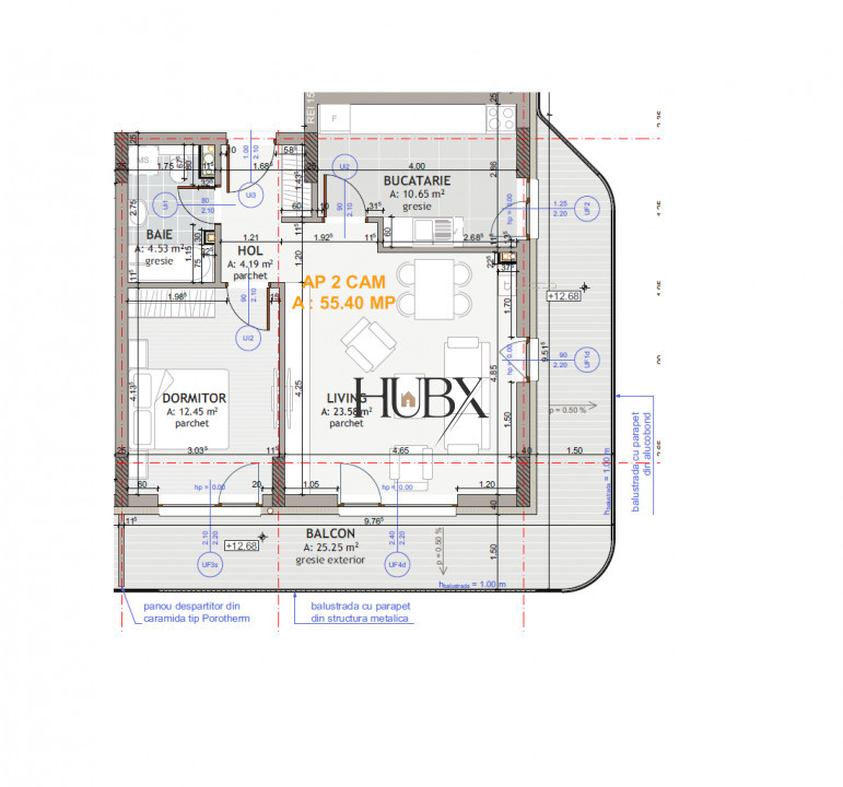 Apartament 2 camere, decomandat, 55.40 mp + terasa 25.25 mp, Floresti