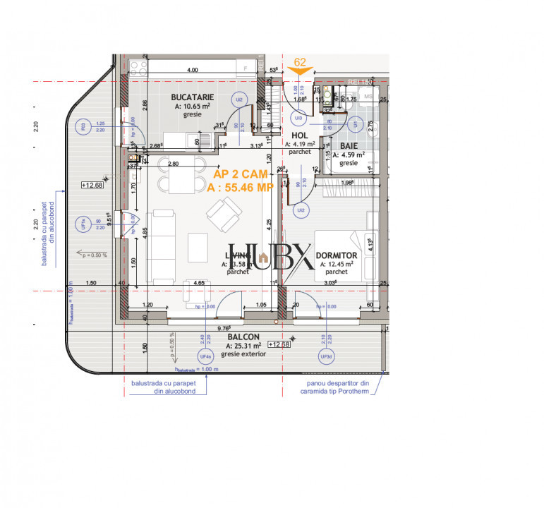 Apartament 2 camere, decomandat, 55.46 mp + terasa 25.31 mp, Floresti