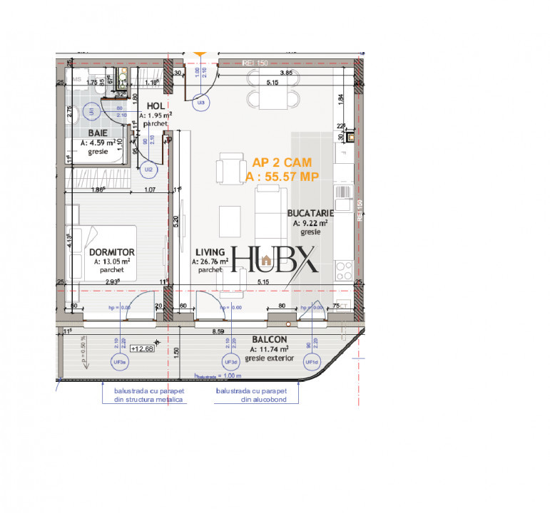 Apartament 2 camere, 55.57 mp + terasa 11.74 mp, penthouses, Floresti