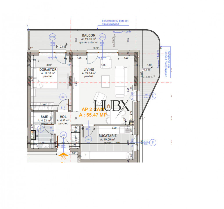 Apartament 2 camere, 55.47 mp + terasa 19.80 mp , Floresti