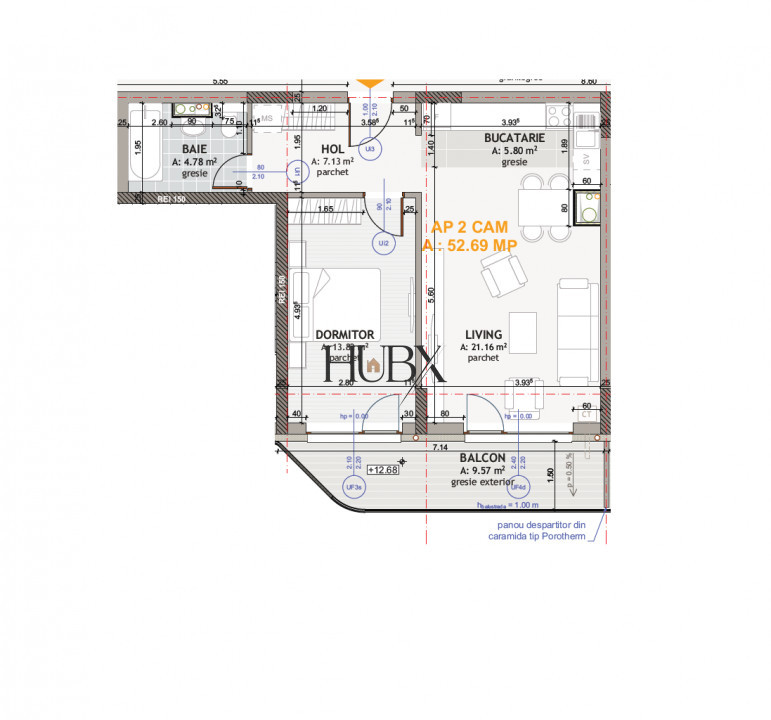 Apartament 2 camere, 52.69 mp + terasa 9.57 mp, Floresti