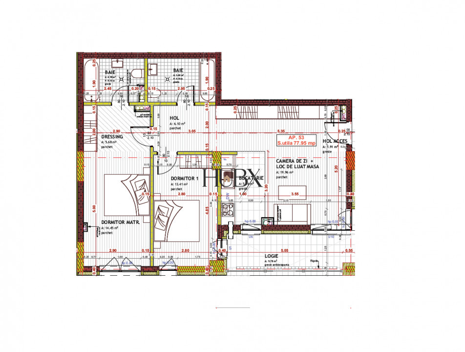 Apartament 3 cam, 77.95 mp + balcon 9.78 mp, Floresti