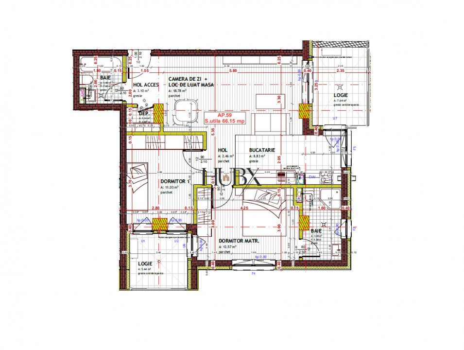 Apartament 3 cam, 66.15 mp + balcon 13.28 mp, Floresti