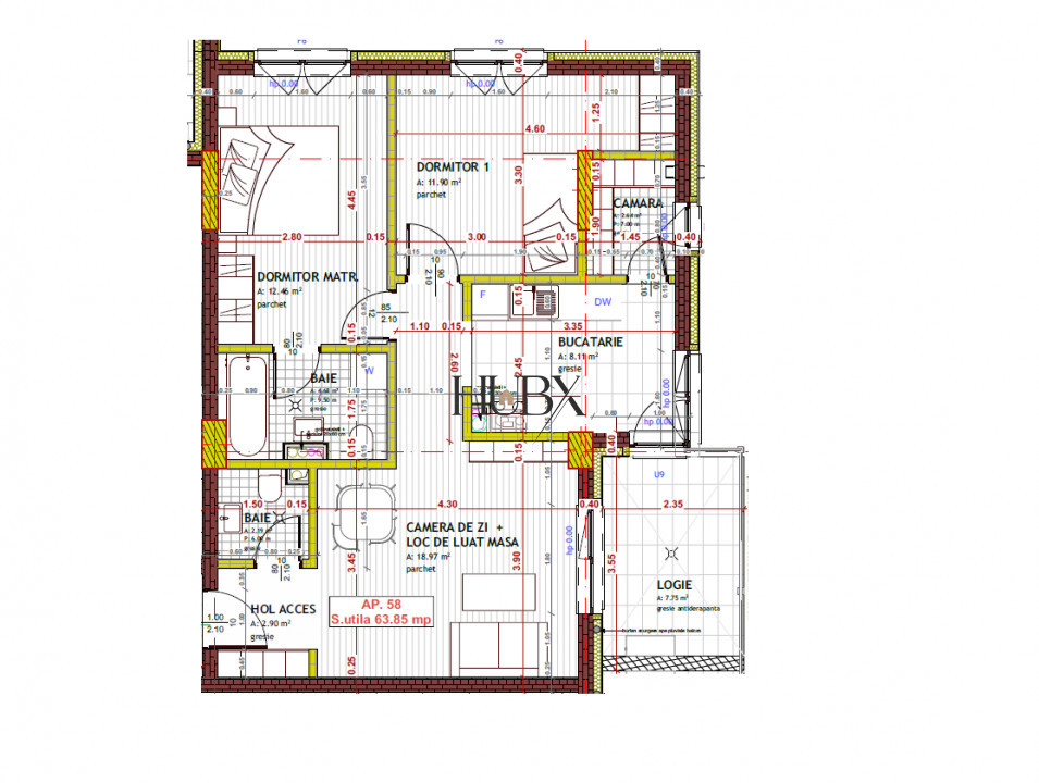 Apartament 3 cam, 63.85 mp + balcon 7.75 mp, Floresti