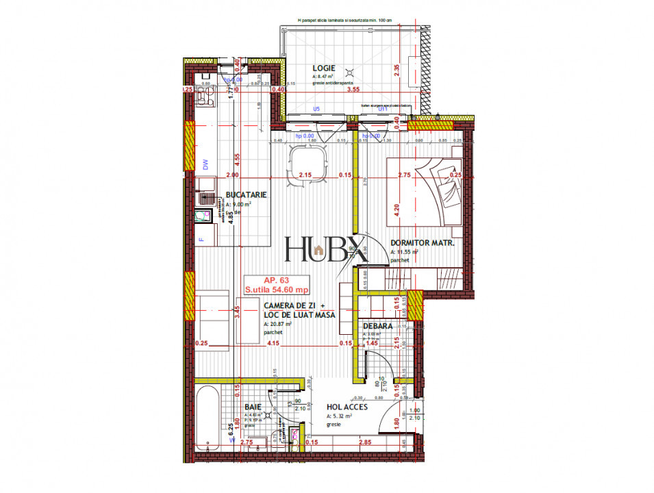 Apartament 2 cam, 54.60 mp + balcon 8.47 mp, Floresti