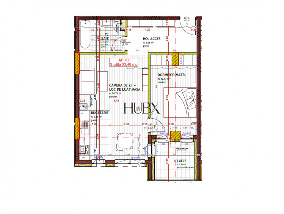 Apartament 2 cam, 53.40 mp + balcon 5.64 mp, Floresti
