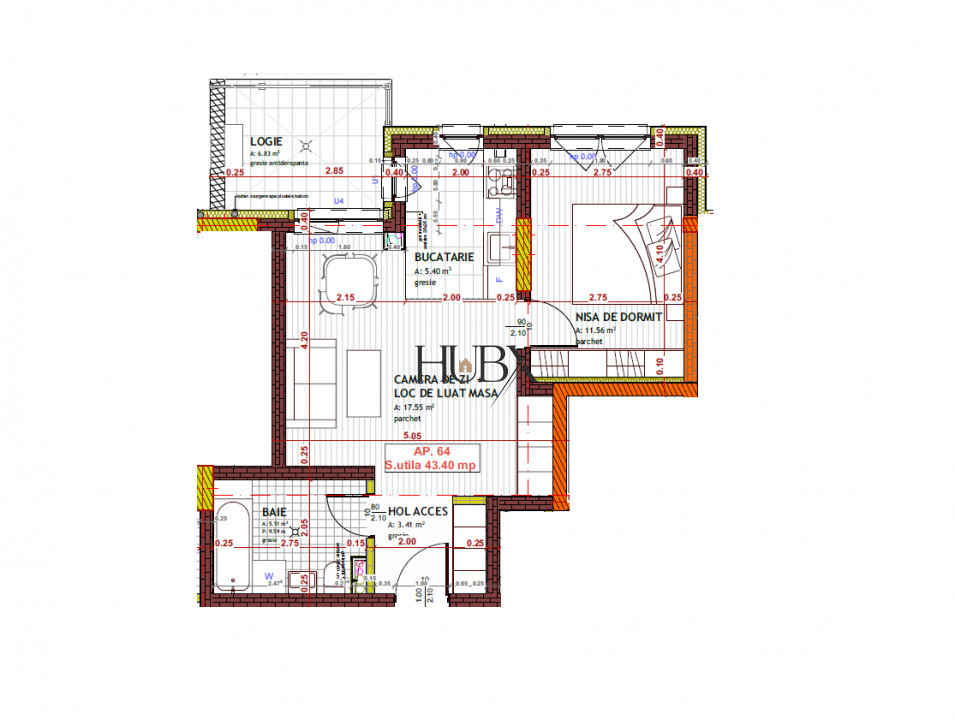 Apartament 2 camere, 43.4 mp + balcon 6.83 mp, Floresti