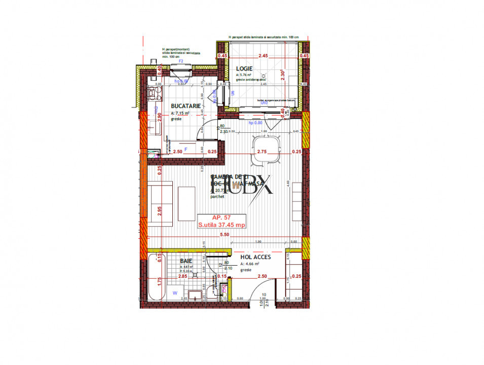 Apartament 1 camera, 37.45 mp. balcon 5.76 mp, Floresti