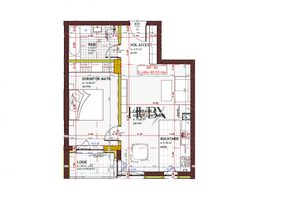 Apartament 2 cam, 49.55 mp + balcon 3.98 mp, Floresti